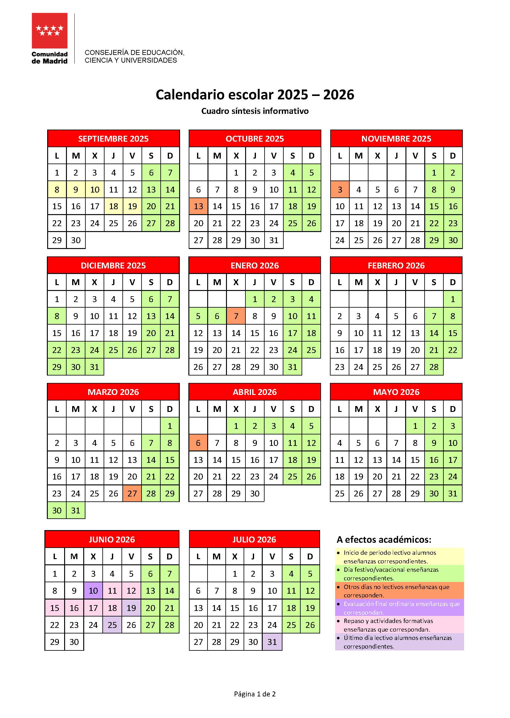 Calendario escolar 2025-2026